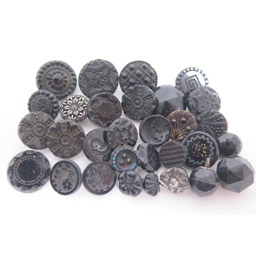 Antique Stunning Carved Molded Black Glass Buttons Lot*Flowers*Highly Detailed